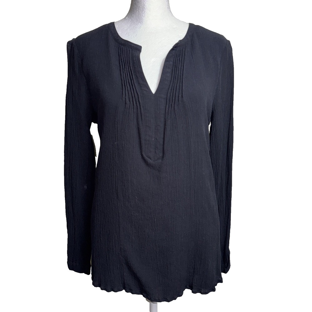 Vineyard Vines Blouse M Women Black Silk Cotton Pintuck Split V Neck Pleat Top